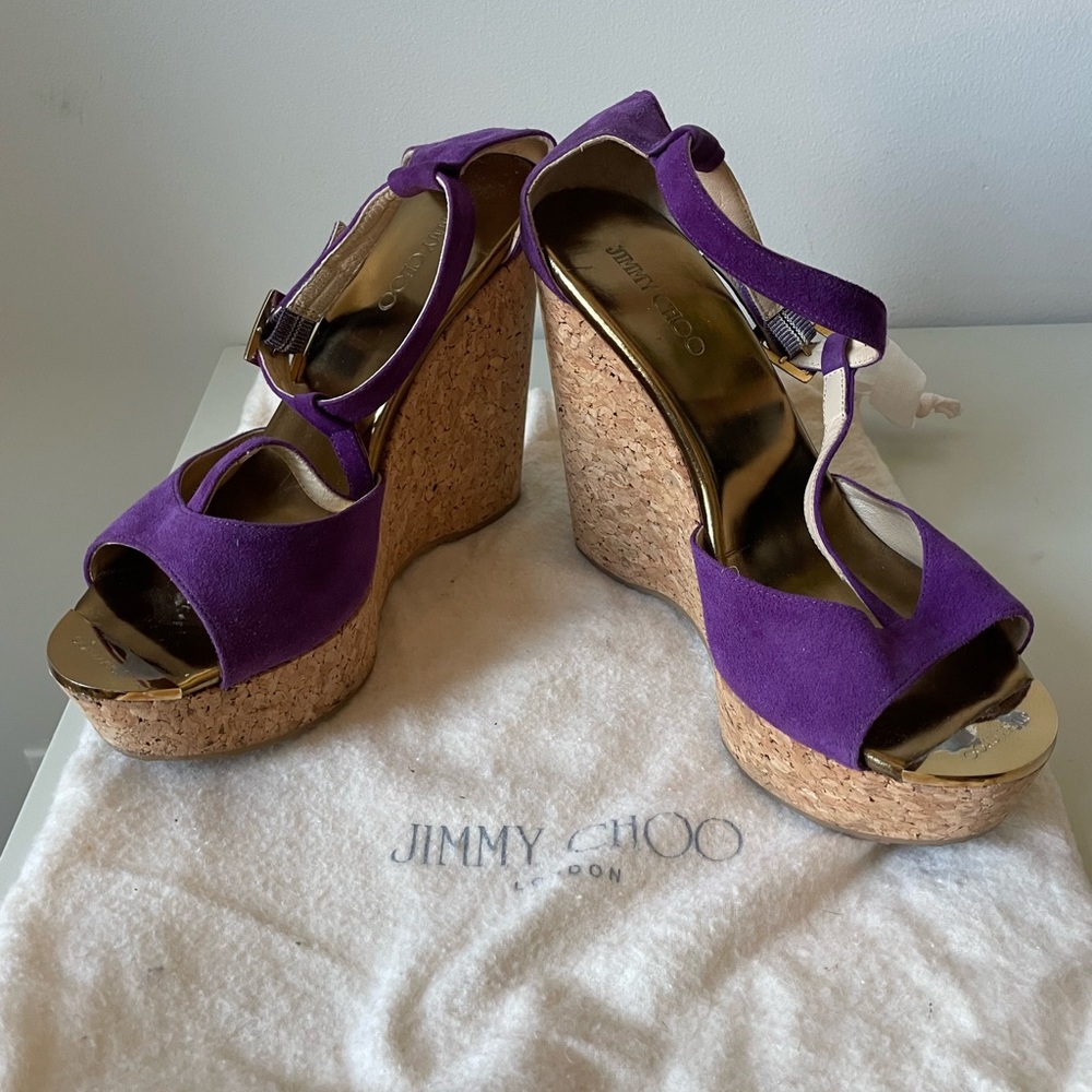 Jimmy Choo Suede T-Strap Wedges Sandals 37.5